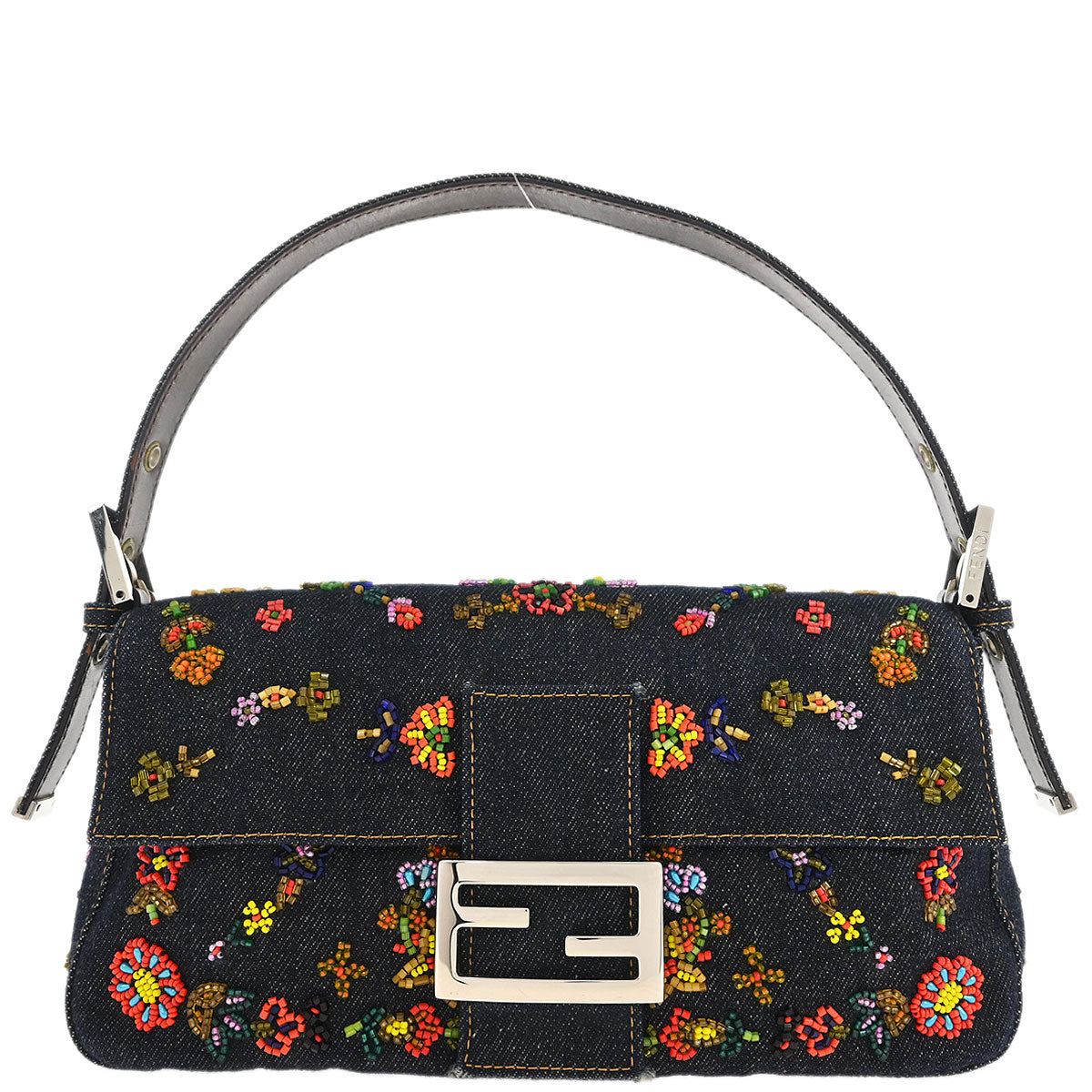 Fendi Navy Denim Beaded Baguette Handbag