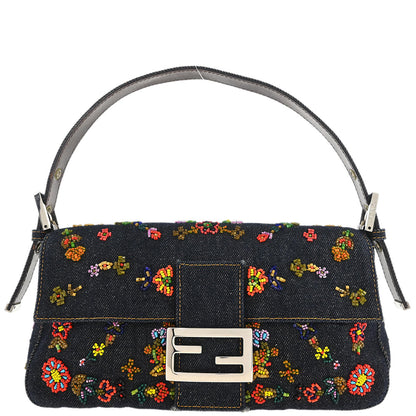 Fendi Navy Denim Beaded Baguette Handbag