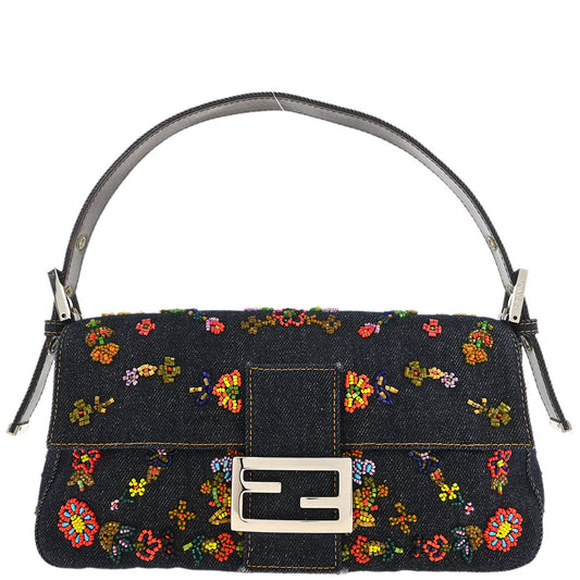 Fendi Navy Denim Beaded Baguette Handbag