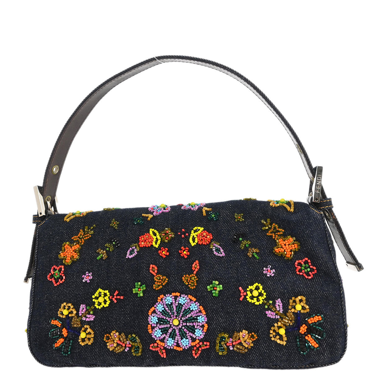 Fendi Navy Denim Beaded Baguette Handbag