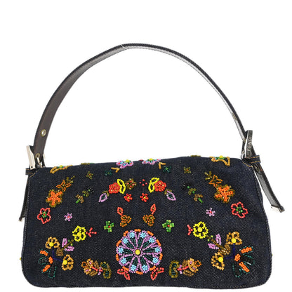 Fendi Navy Denim Beaded Baguette Handbag