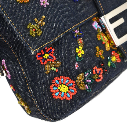 Fendi Navy Denim Beaded Baguette Handbag
