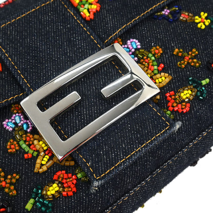 Fendi Navy Denim Beaded Baguette Handbag