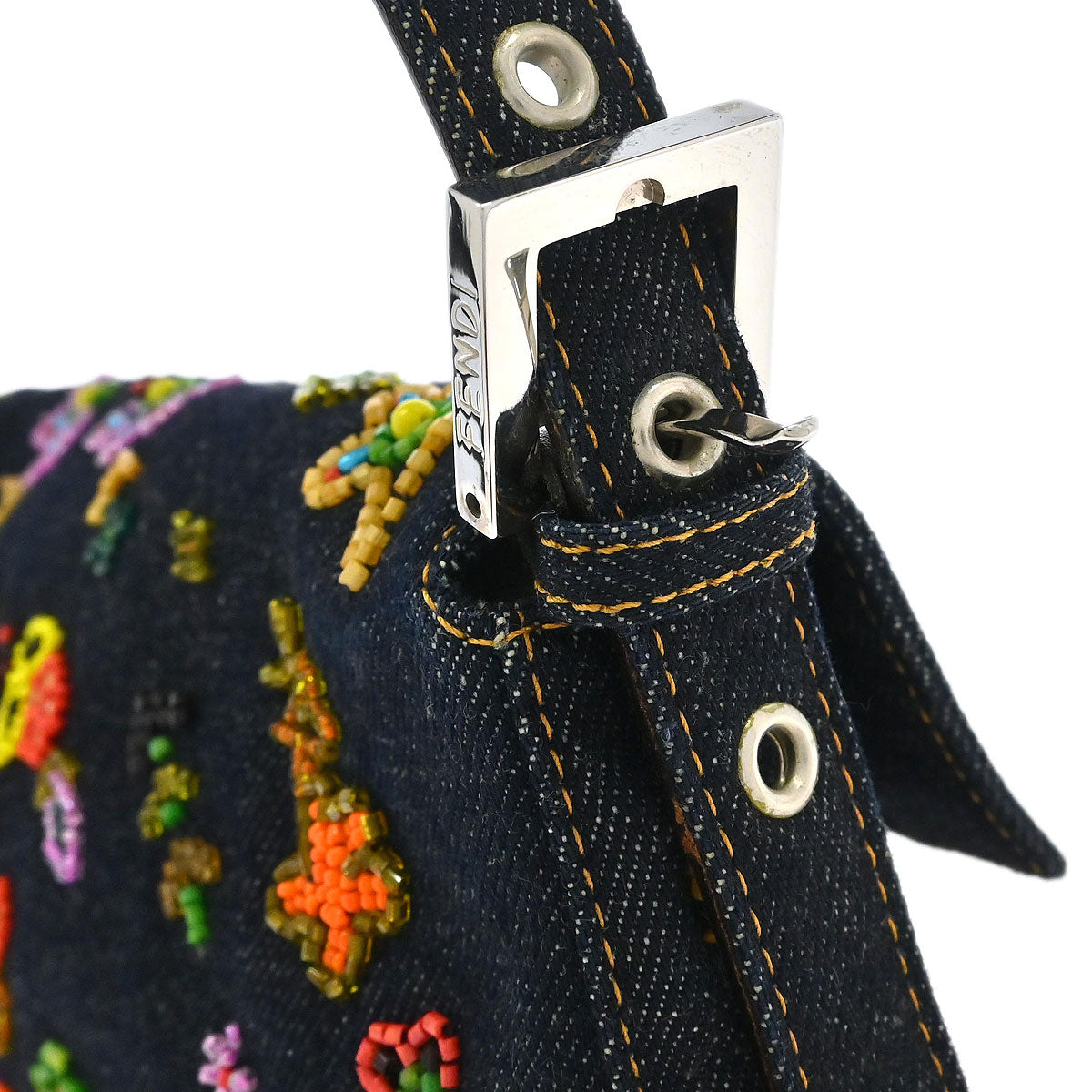 Fendi Navy Denim Beaded Baguette Handbag