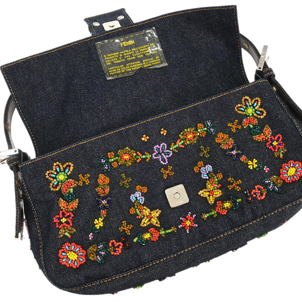 Fendi Navy Denim Beaded Baguette Handbag