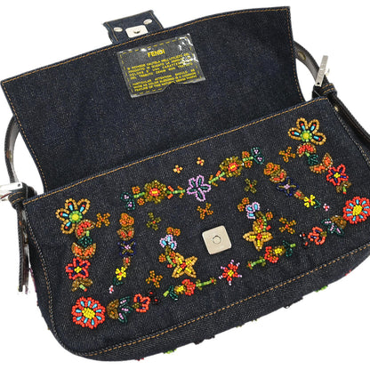 Fendi Navy Denim Beaded Baguette Handbag