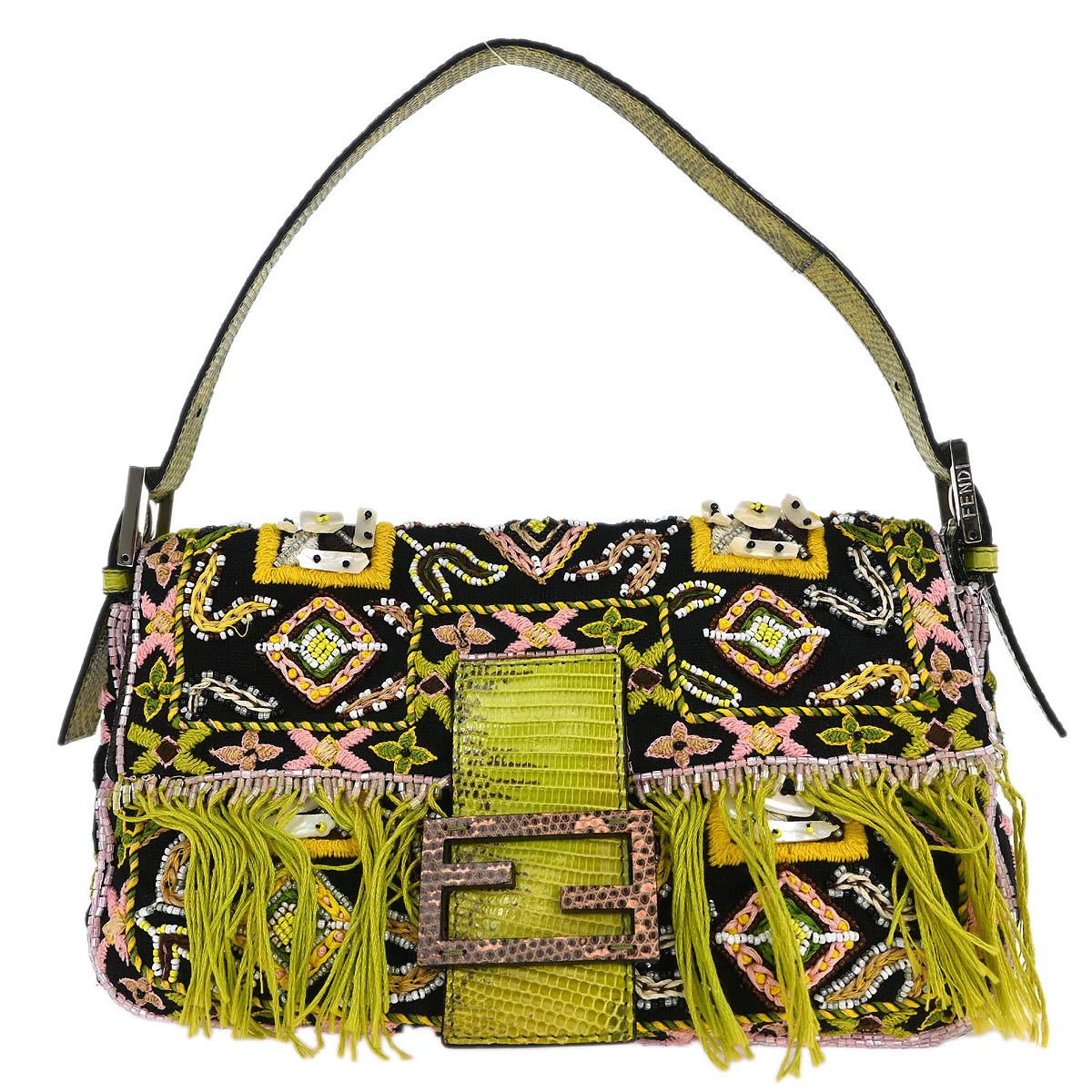 Fendi * Black Lizard Cotton Beaded Baguette Handbag
