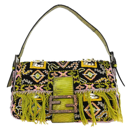 Fendi * Black Lizard Cotton Beaded Baguette Handbag