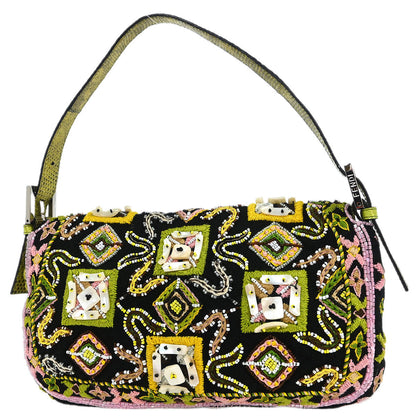 Fendi * Black Lizard Cotton Beaded Baguette Handbag
