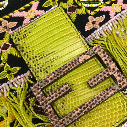 Fendi * Black Lizard Cotton Beaded Baguette Handbag