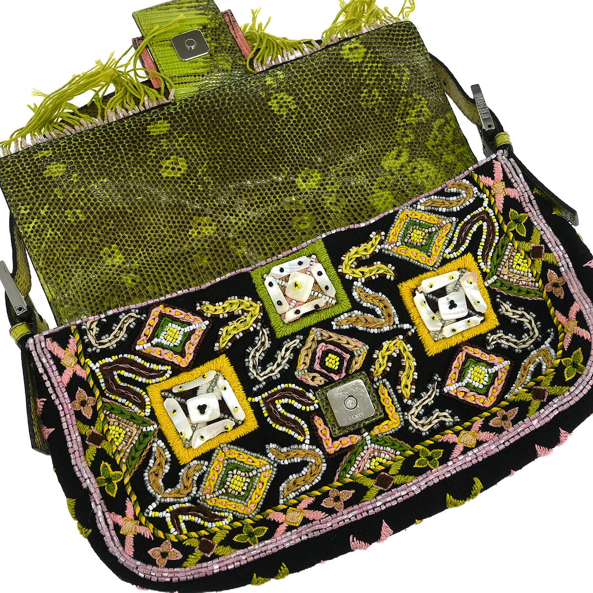 Fendi * Black Lizard Cotton Beaded Baguette Handbag