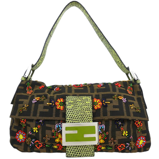 Fendi * Brown Lizard Canvas Zucca Baguette Handbag