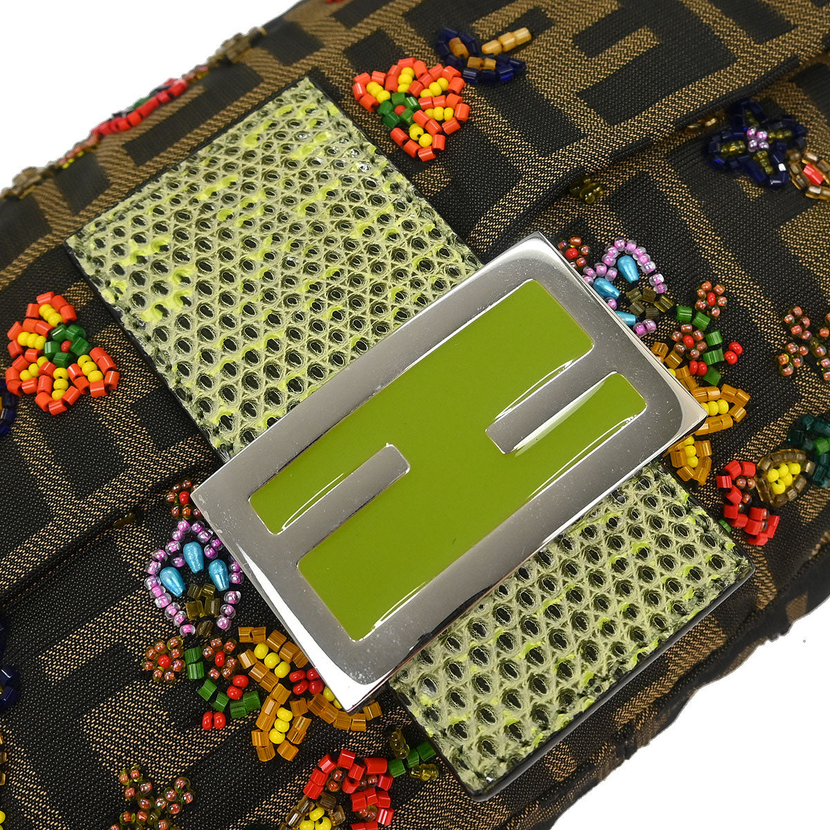 Fendi * Brown Lizard Canvas Zucca Baguette Handbag