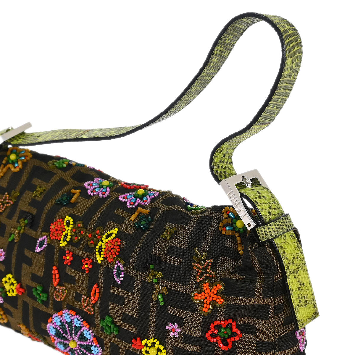 Fendi * Brown Lizard Canvas Zucca Baguette Handbag