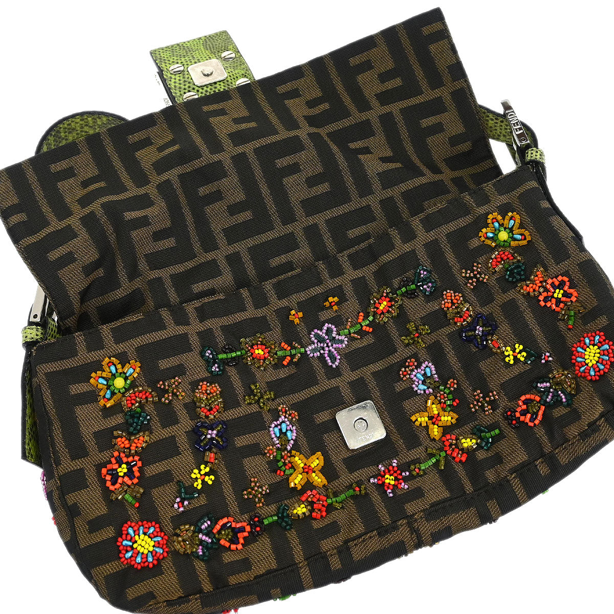 Fendi * Brown Lizard Canvas Zucca Baguette Handbag