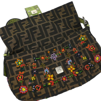 Fendi * Brown Lizard Canvas Zucca Baguette Handbag