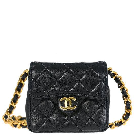Chanel 1989-1991 Black Lambskin Micro Classic Flap Shoulder Bag Pochette