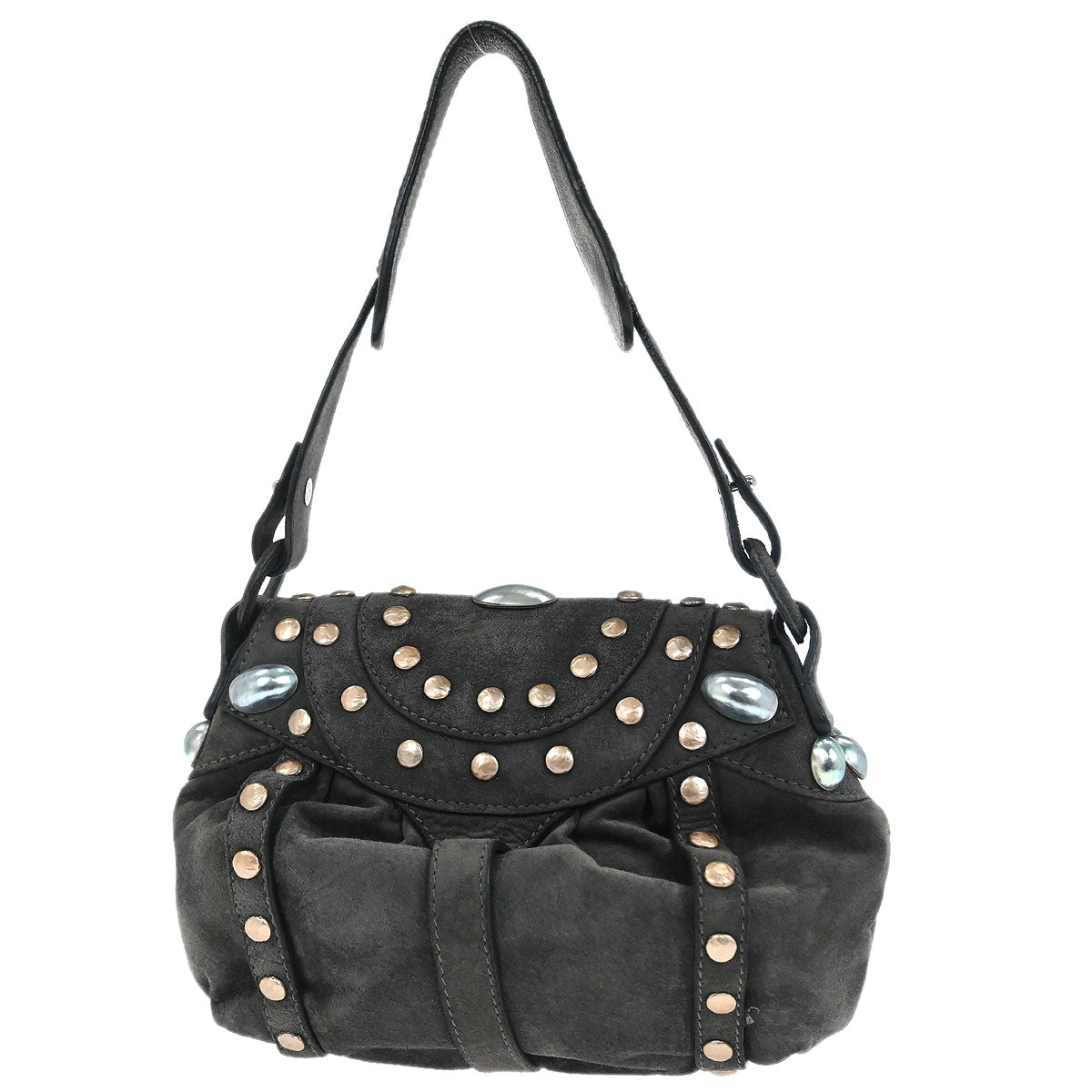 Loewe Gray Suede Studded Shoulder Bag