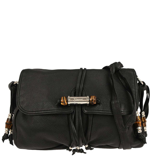 Gucci Black Leather Jungle Bamboo Shoulder Bag