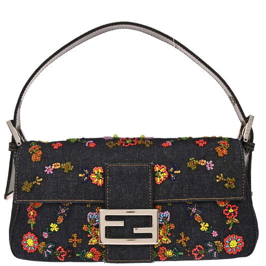 Fendi Navy Denim Beaded Baguette Handbag