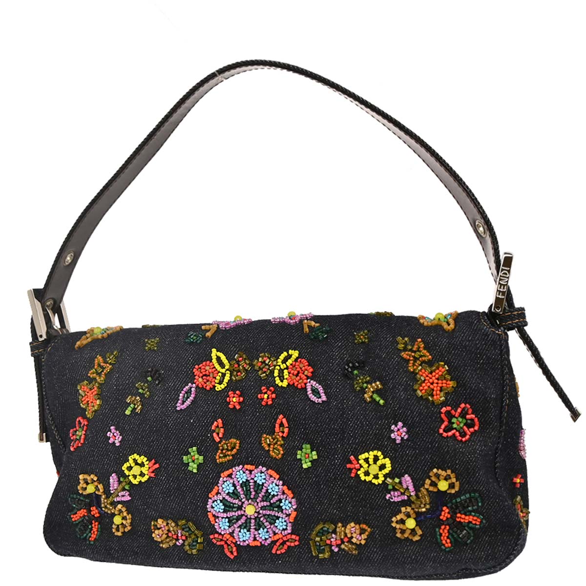 Fendi Navy Denim Beaded Baguette Handbag