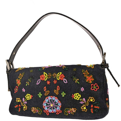 Fendi Navy Denim Beaded Baguette Handbag