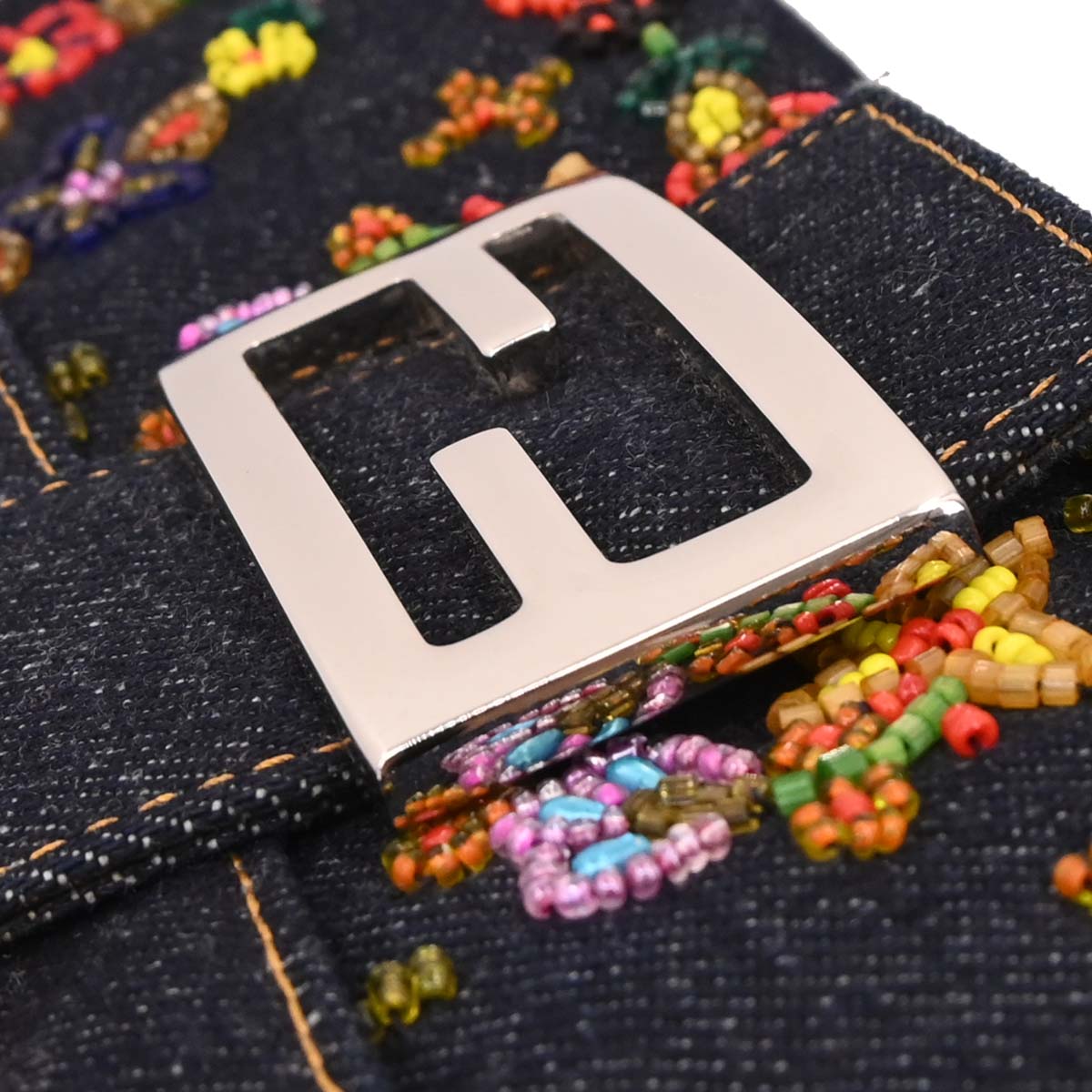 Fendi Navy Denim Beaded Baguette Handbag