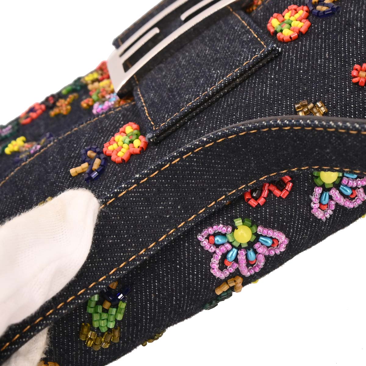 Fendi Navy Denim Beaded Baguette Handbag