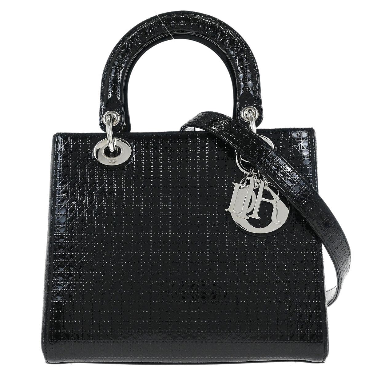 Christian Dior Black Patent Leather Medium Lady Dior Cannage 2way Shoulder Handbag