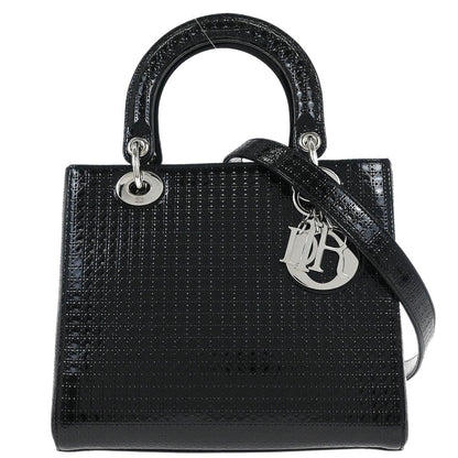 Christian Dior Black Patent Leather Medium Lady Dior Cannage 2way Shoulder Handbag