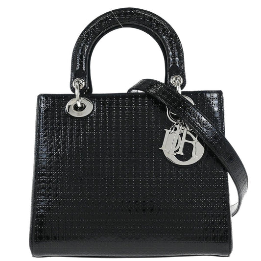 Christian Dior Black Patent Leather Medium Lady Dior Cannage 2way Shoulder Handbag