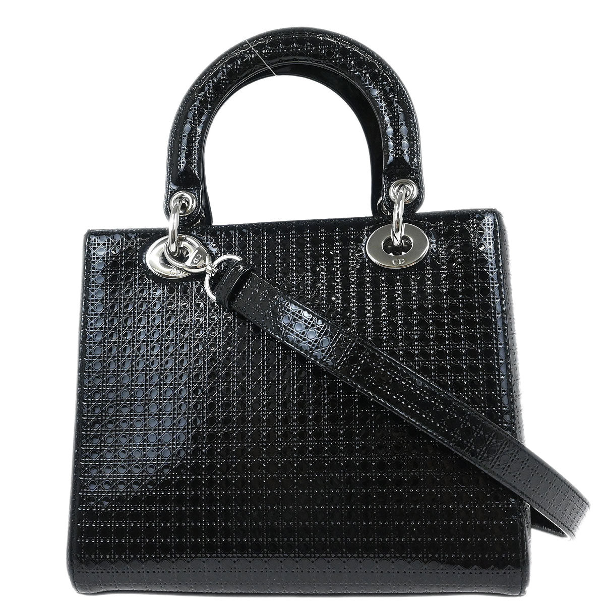 Christian Dior Black Patent Leather Medium Lady Dior Cannage 2way Shoulder Handbag