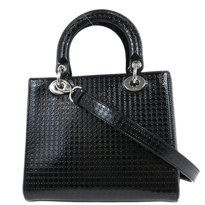 Christian Dior Black Patent Leather Medium Lady Dior Cannage 2way Shoulder Handbag