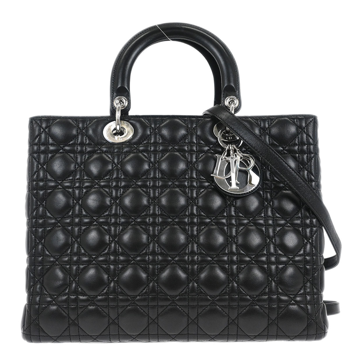 Christian Dior Black Lambskin Large Lady Dior Cannage 2way Shoulder Handbag