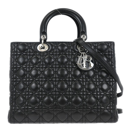 Christian Dior Black Lambskin Large Lady Dior Cannage 2way Shoulder Handbag