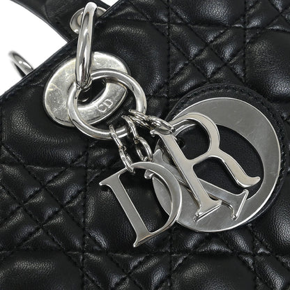 Christian Dior Black Lambskin Large Lady Dior Cannage 2way Shoulder Handbag