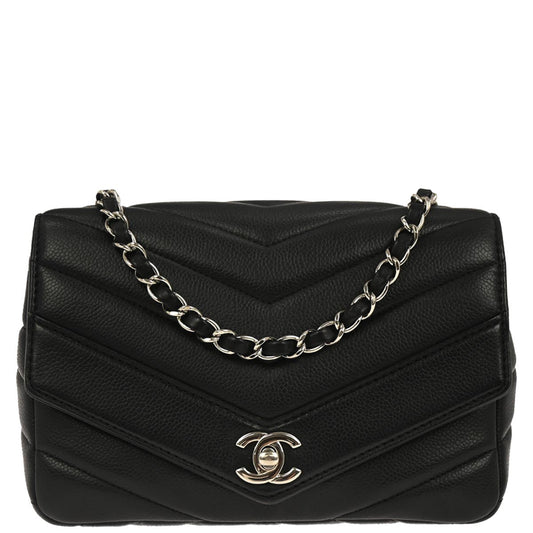 Chanel Black Caviar Skin Chevron Flap Bag Shoulder Bag