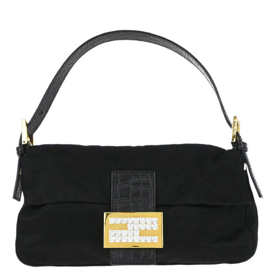 Fendi * Black Satin Crocodile Baguette Handbag