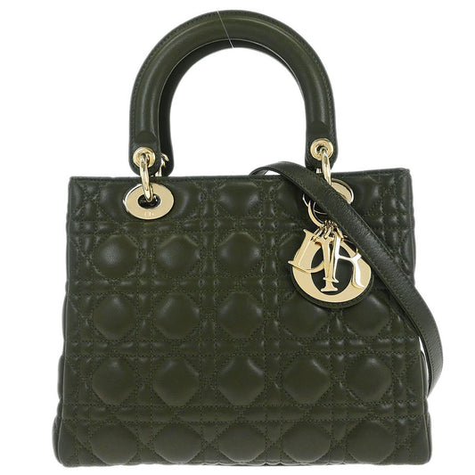 Christian Dior Khaki Lambskin Medium Lady Dior Cannage 2way Shoulder Handbag