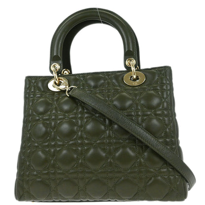 Christian Dior Khaki Lambskin Medium Lady Dior Cannage 2way Shoulder Handbag