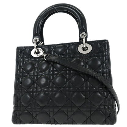 Christian Dior Black Lambskin Medium Lady Dior Cannage 2way Shoulder Handbag