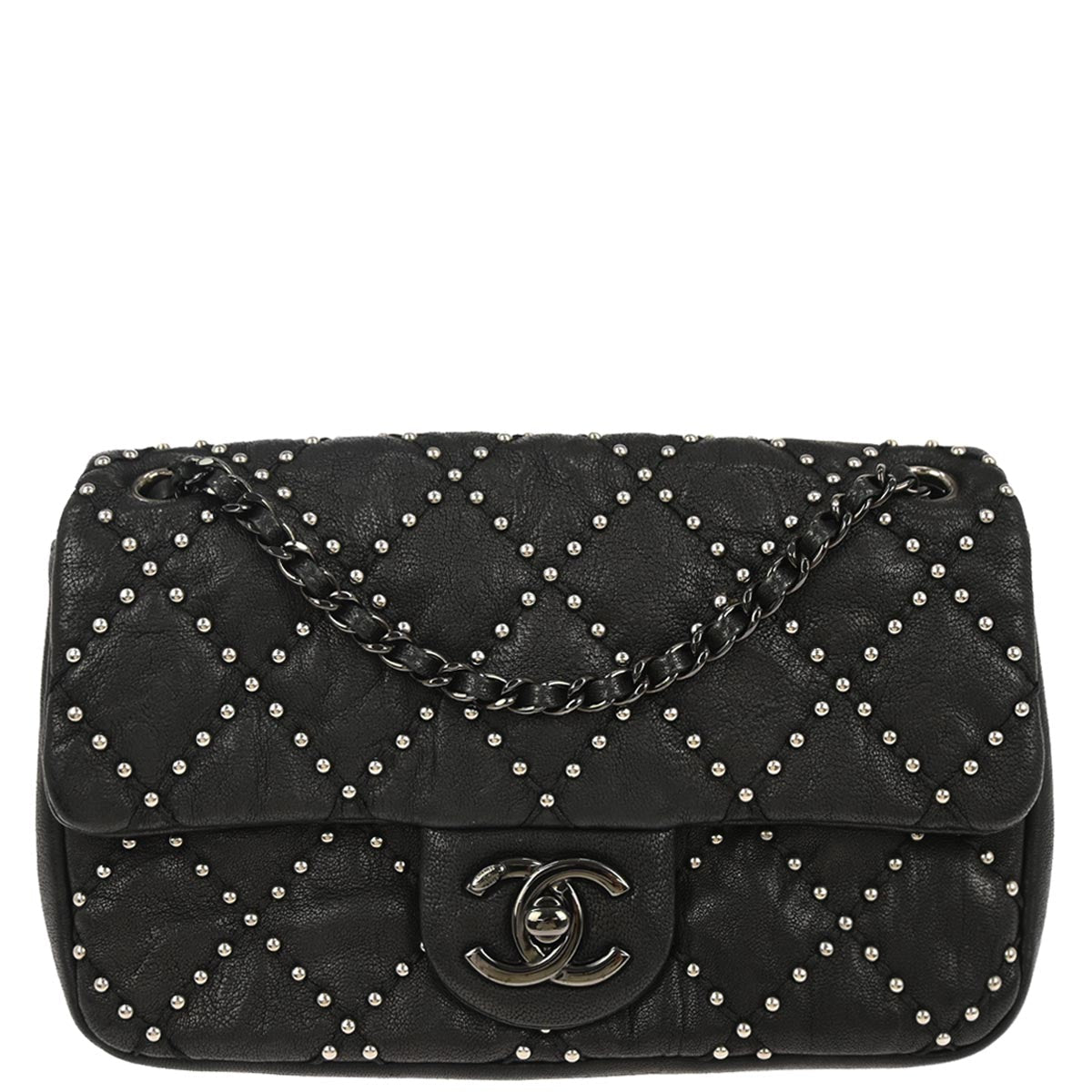 Chanel Black Calfskin Studded Single Flap Shoulder Bag