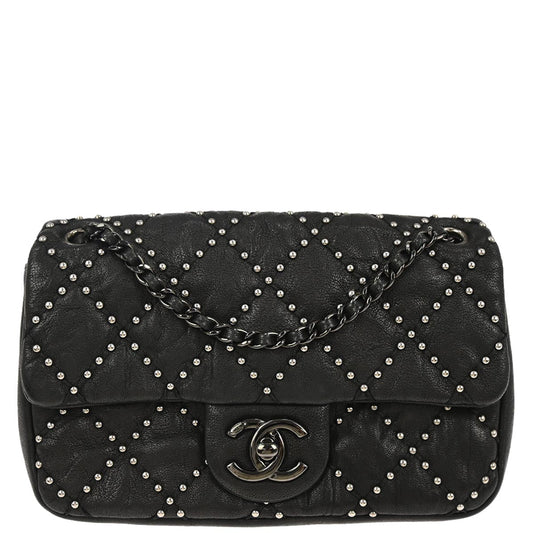 Chanel Black Calfskin Studded Single Flap Shoulder Bag