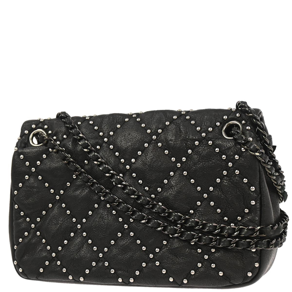 Chanel Black Calfskin Studded Single Flap Shoulder Bag