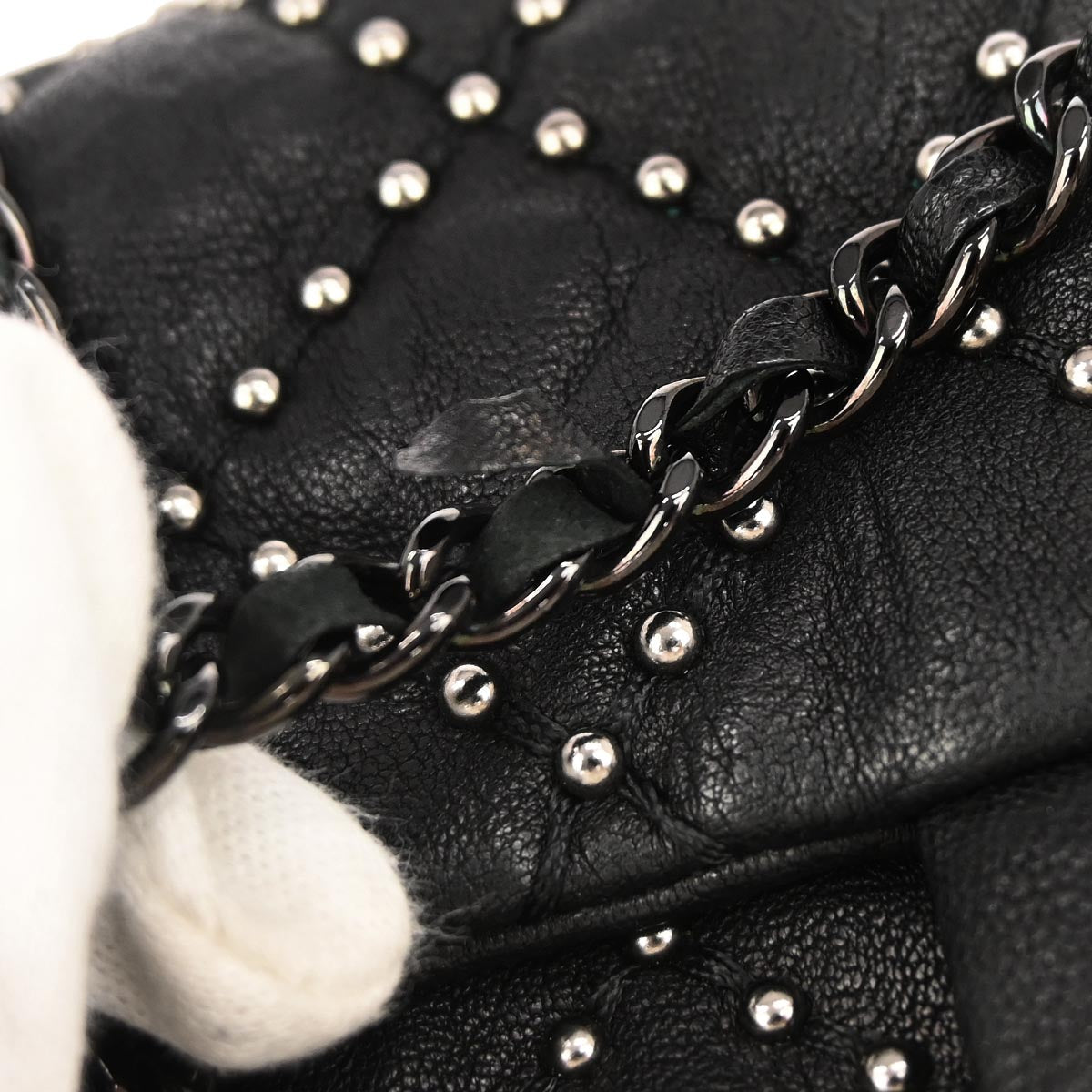 Chanel Black Calfskin Studded Single Flap Shoulder Bag
