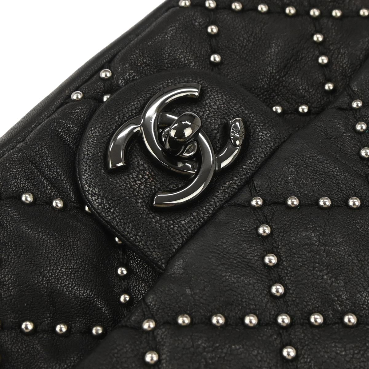 Chanel Black Calfskin Studded Single Flap Shoulder Bag