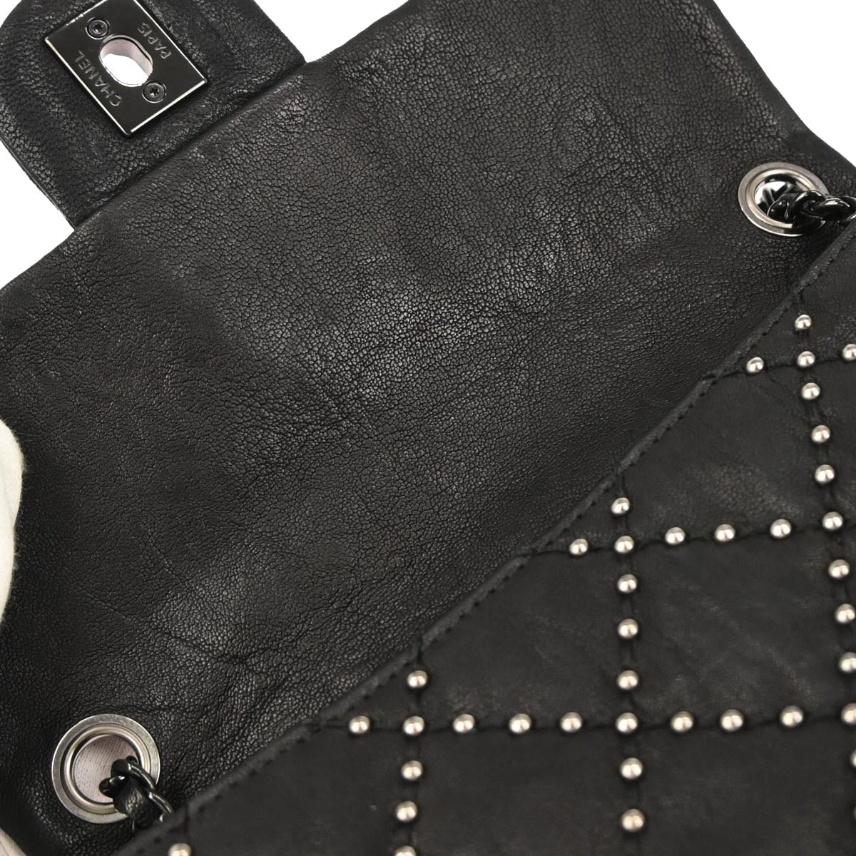 Chanel Black Calfskin Studded Single Flap Shoulder Bag