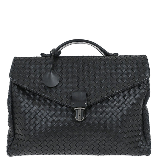 Bottega Veneta Black Calfskin Intrecciato Briefcase Handbag