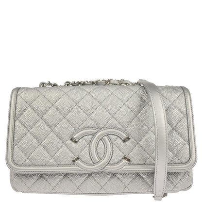Chanel Silver Caviar Skin CC Filigree Flap Bag Shoulder Bag