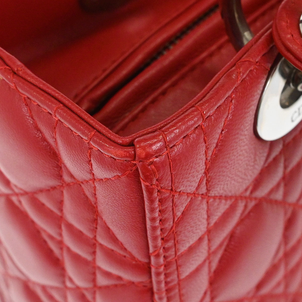 Christian Dior Red Lambskin Medium Lady Dior Cannage 2way Shoulder Handbag